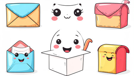 Adorable cartoon mailboxes and envelopes with kawaii faces, showcasing cheerful expressions and pastel colorsの素材