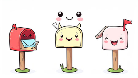 Three adorable cartoon mailboxes, red, yellow, and pink, with happy faces and small flags, stand on wooden posts with grass tufts.  One mailbox contains an envelopeの素材