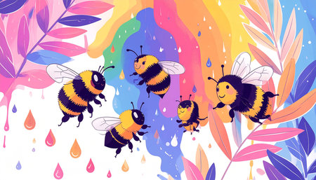 Four bumblebees flit amidst a vibrant rainbow-hued, paint-like splash, surrounded by stylized leavesの素材