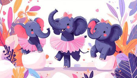 Three adorable elephants in pink tutus dance amidst colorful floral foliage, perched on pale pink orbsの素材