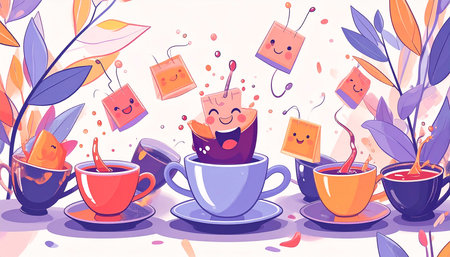 Cheerful cartoon tea bags leap into colorful cups, splashing tea; surrounded by stylized leaves and a light backgroundの素材