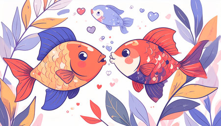 Two stylized fish, orange and yellow, and red and orange, kiss amidst pastel leaves and hearts; a smaller blue fish watchesの素材