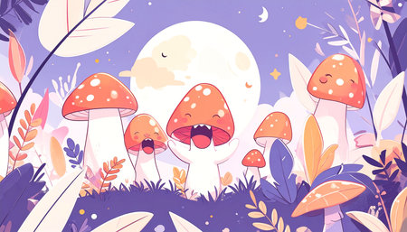 Cheerful cartoon mushrooms gather under a large moon at night, surrounded by whimsical foliage and stars.  Their expressions are joyful and playfulの素材
