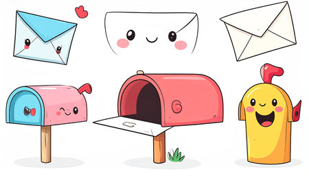 Cute cartoon mailboxes and envelopes with happy faces, hearts, and playful details, displayed against a white backgroundの素材