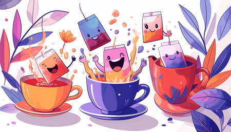 Playful cartoon tea bags joyfully leap into vibrant teacups, surrounded by cheerful foliage and splashing liquidの素材