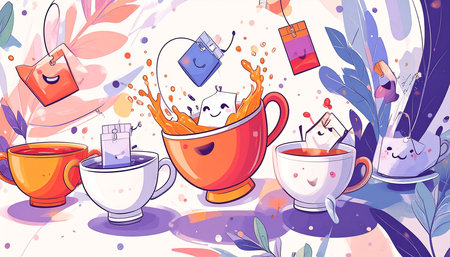 Playful illustration of anthropomorphic tea bags joyfully splashing into cheerful teacups amidst vibrant floral elementsの素材