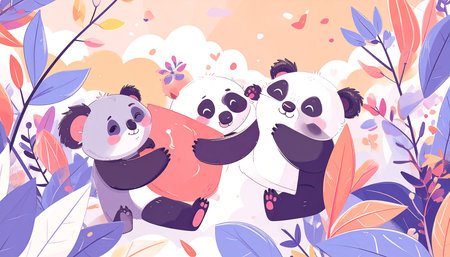 Three adorable pandas snuggle together amidst vibrant, stylized foliage and a soft, pastel background, exuding warmth and affectionの素材
