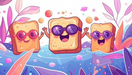 Three cheerful cartoon bread slices, wearing sunglasses, float in a whimsical pool surrounded by vibrant foliage and colorful bubblesの素材