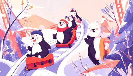 Playful polar bears enjoy a snowy rollercoaster ride down a gentle slope, surrounded by a winter wonderland of pastel mountains, trees, and snowの素材