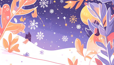 A whimsical winter night scene featuring a hidden black cat amongst stylized flora and a softly falling snow.  Purple, orange, and white hues dominate the illustrationの素材