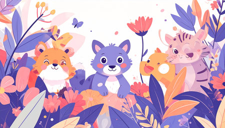 Four adorable cartoon animals?a tiger cub, cat, chick, and another tiger?peek from colorful flowers and foliage.  A butterfly flits nearbyの素材
