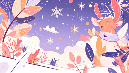 A cheerful deer, wearing a scarf, gazes upwards amidst a whimsical snowy landscape of stylized plants and large snowflakes against a purple twilight skyの素材