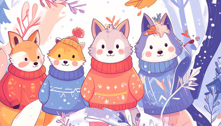 Four adorable cartoon canines and foxes in cozy winter sweaters stand together in a snowy woodland scene, surrounded by stylized floraの素材