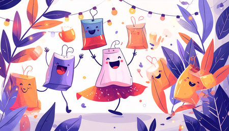 Cheerful cartoon shopping bags dance amidst foliage and string lights, celebrating a festive occasionの素材