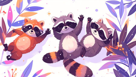 Three cheerful raccoons playfully sprawl amidst vibrant, stylized foliage on a light background.  Their expressive faces and postures convey joy and contentmentの素材