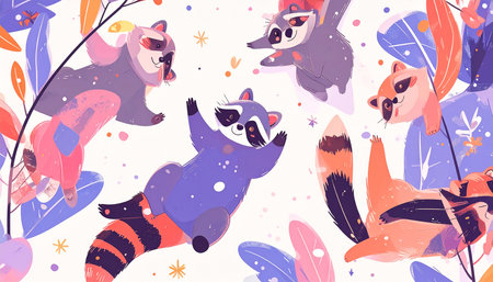 Playful raccoons playfully tumble amidst pastel flora and whimsical stars on a white backdropの素材