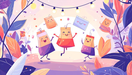 Joyful cartoon tea bags dance under fairy lights amidst foliage.  They have happy faces and celebrateの素材