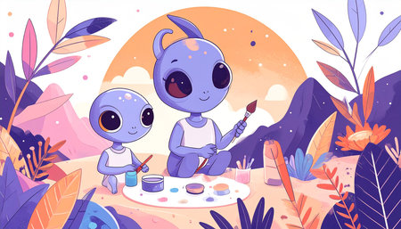 Two adorable alien children paint together amidst a vibrant, stylized landscape featuring pastel mountains, flora, and a sunsetの素材