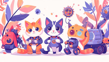 Three cute cats and a robotic cat, in futuristic backpacks, pose amidst stylized foliageの素材