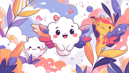 Whimsical cloud creatures with rainbow wings soar amidst pastel clouds and foliage.  One is larger, central, others smaller; joyful expressionsの素材