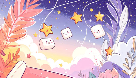 Whimsical night sky with floating marshmallows, stars, and pastel foliage; dreamy, cute aestheticの素材