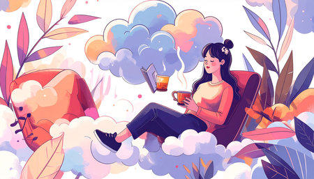 A serene woman relaxes amidst pastel clouds, foliage, and a steaming beverage, enjoying a book and peaceful momentの素材