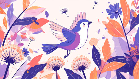A stylized bird in flight amidst a whimsical garden of abstract flowers and leaves in muted purples, oranges, and pinksの素材