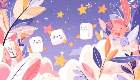 Whimsical illustration of cute marshmallow characters floating amidst a dreamy night sky filled with stars and surrounded by stylized pastel foliageの素材