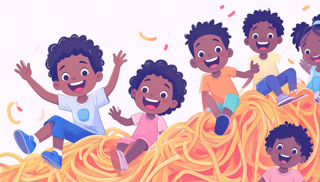 Joyful Black children playfully nestled amidst a large pile of spaghetti, expressing pure delight and excitementの素材