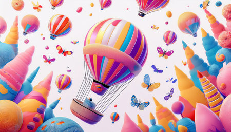 Whimsical hot air balloon floats amidst pastel-colored, stylized landscapes and fluttering butterflies against a white backdropの素材