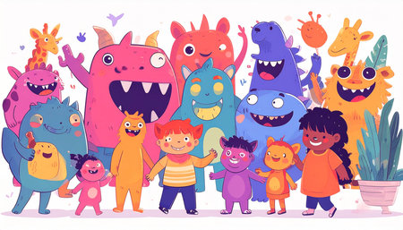 Playful illustration of children and friendly cartoon monsters of various colors and sizes, joyfully interacting and holding hands against a white backgroundの素材