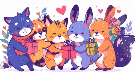 Four adorable cartoon animals?cat, raccoon, fox, and rabbits?exchange gifts amidst hearts and foliage, conveying friendship and celebrationの素材
