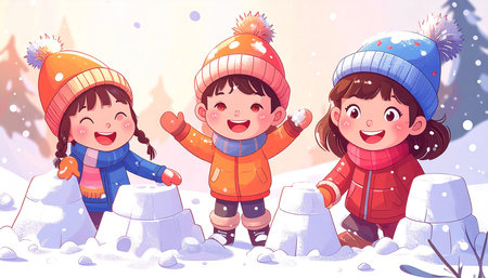 Three joyful children, wearing winter hats and coats, build snow sculptures in a snowy landscape, with smiling faces and playful posesの素材
