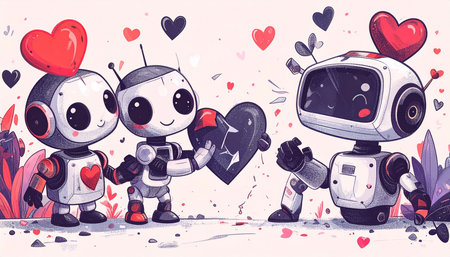 Three adorable robots, two holding hands, exchange a heart-shaped gift amidst floating hearts and stylized flora.  A charming, whimsical Valentine's Day illustration featuring cute, expressive robotic charactersの素材