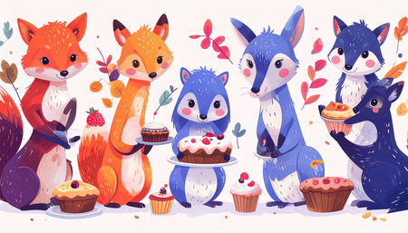 Five adorable woodland creatures, two foxes, two blue rabbits, and a raccoon, joyfully gather around a delightful array of cakes and pastries, surrounded by autumn leavesの素材