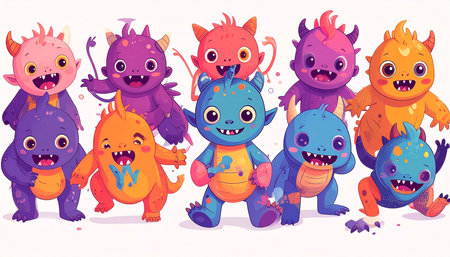 A cheerful group of ten vibrant, cartoonish, small monsters in various colors, poses, and expressions, against a white background.  They have horns, large eyes, and playful featuresの素材