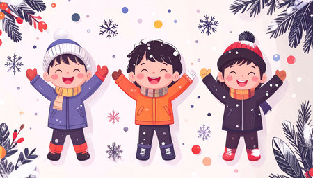 Three joyful children, lying on snow, arms outstretched, surrounded by snowflakes, evergreen boughs, and colorful dots. They wear winter clothing and smile radiantlyの素材
