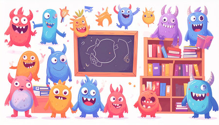 Playful cartoon monsters of various colors and expressions, gathered around a chalkboard and bookshelf, suggesting a classroom or library settingの素材