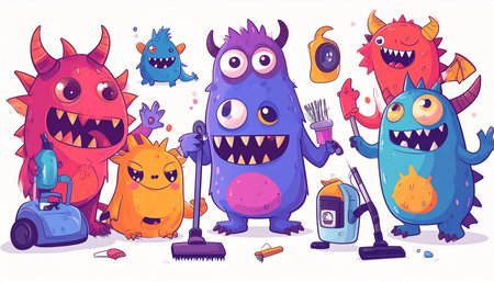 Playful cartoon monsters, various colors and sizes, wielding cleaning supplies like vacuums and brooms, engaging in a cleaning task togetherの素材