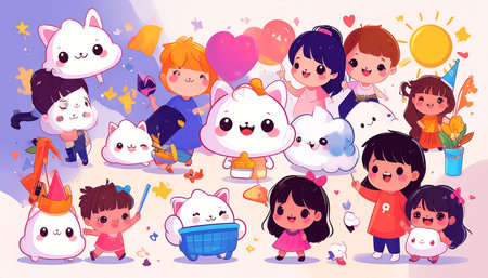 A vibrant illustration featuring numerous adorable chibi-style characters, including fluffy cloud-like creatures and children celebrating joyfully amidst pastel-colored balloons, stars, and sunshineの素材