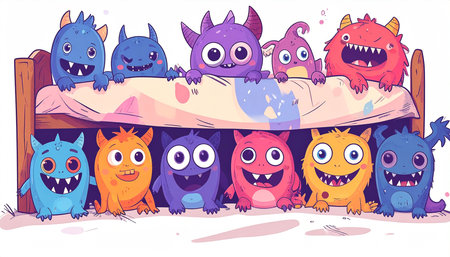 Playful, colorful monsters peek from under and over a bed, exhibiting joyful expressions and diverse designsの素材