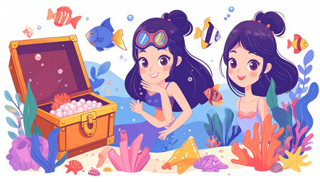 Two smiling girls, resembling mermaids, discover a treasure chest overflowing with pearls underwater, surrounded by vibrant coral, shells, and colorful fishの素材