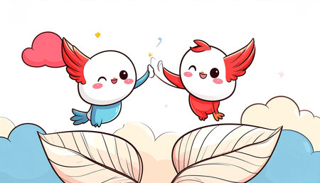 Two adorable cartoon birds with red wings, one blue and one red body, give a high-five amidst stylized clouds and leaves.  Joyful, celebratory sceneの素材