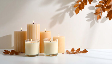 Five creamy-beige candles of varying heights and styles, lit, arranged on a white surface with dried brown leaves and their shadows cast on a light beige wallの素材