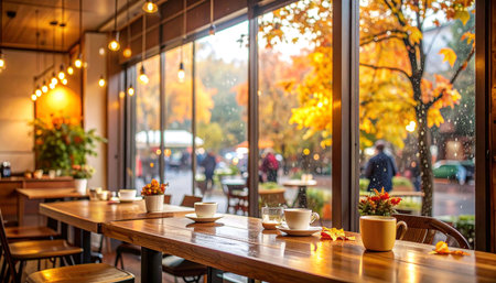 Cozy cafe interior with long wooden table, autumnal foliage visible through large windows, rain, and warm lightingの素材