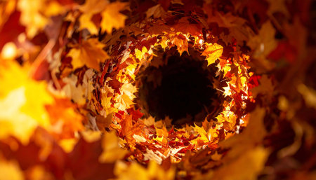 A swirling vortex of autumn leaves creates a dark, circular opening, showcasing vibrant reds and oranges.  The leaves appear to be in motion, forming a tunnel-like effectの素材
