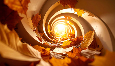 Autumn leaves spiral down into a bright, sunlit tunnel.  The swirling beige structure creates a hypnotic, fall-themed vortexの素材