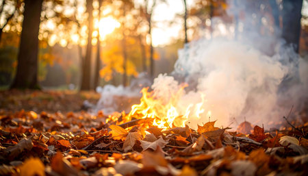 A small bonfire burns amidst a bed of fallen autumn leaves, smoke rising gently into the warm, sunlit forestの素材