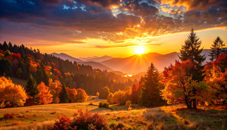 Vibrant sunset over autumnal mountain range, showcasing a valley with colorful foliage and sun rays bursting through cloudsの素材