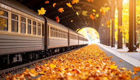 Autumnal train at a vintage station platform, covered in fallen maple leaves under a sunlit canopy.  Golden light bathes the scene, creating a nostalgic atmosphereの素材